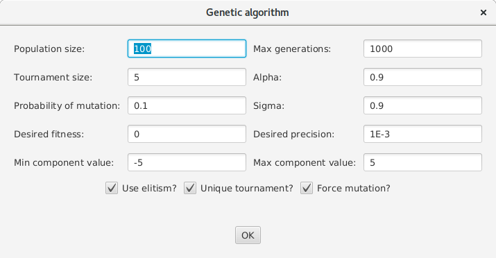 Slika 6: Odabir parametara populacijskog genetskog algoritma